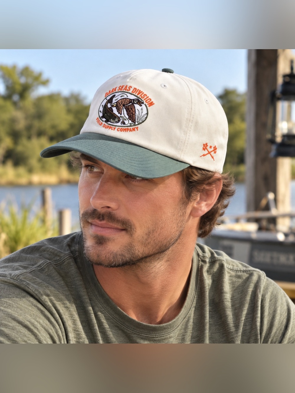 Dark Seas Harvest Hat Off White Green Duck Fish Embroidered Snapback Cap